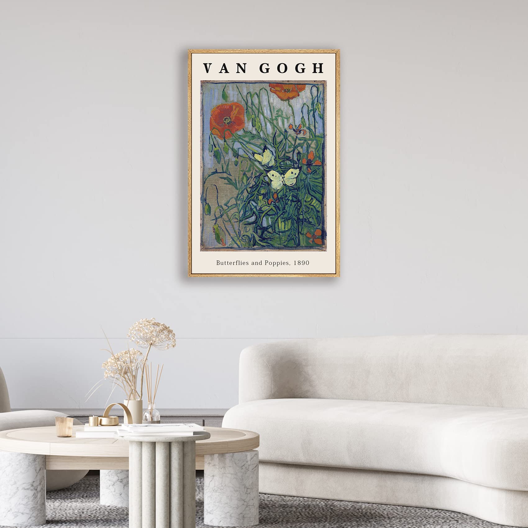 Vincent Van Gogh Framed Wall Art Print Butterflies And Poppies Flowers by Van Gogh Canvas Prints Painting Reproduction for Living Room Bedroom Kitchen Office Home Decor 12"x16" Natural Framed — view 2