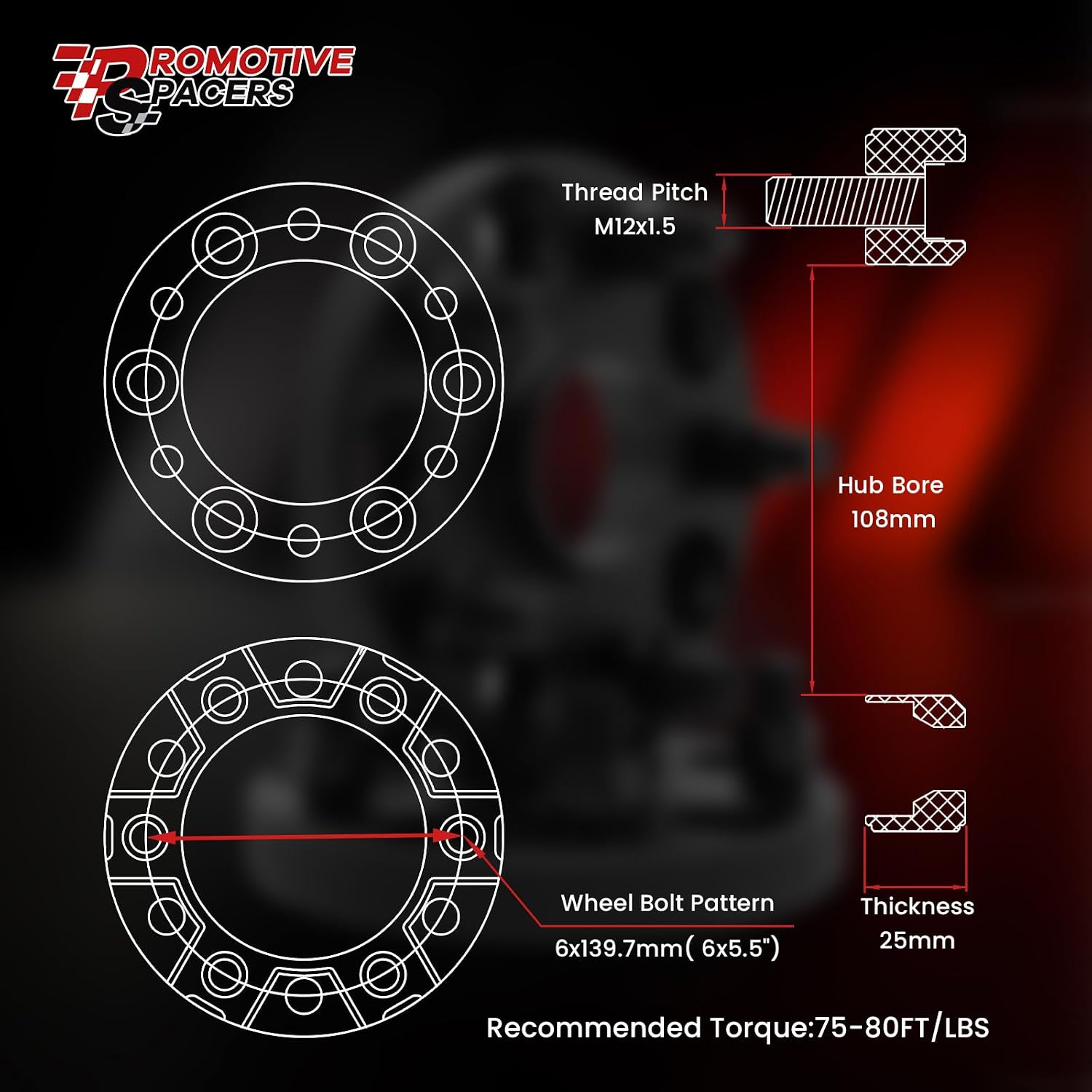 6x5.5 Wheel Spacers 1 inch, 6 Lug 6x139.7mm Spacers 25mm for Toyota Tacoma 4Runner FJ Cruiser Fretouner Tundra/Lexus GX/Chevy 108mm Hub Bore & M12x1.5 Lugs Without Lip 2pcs