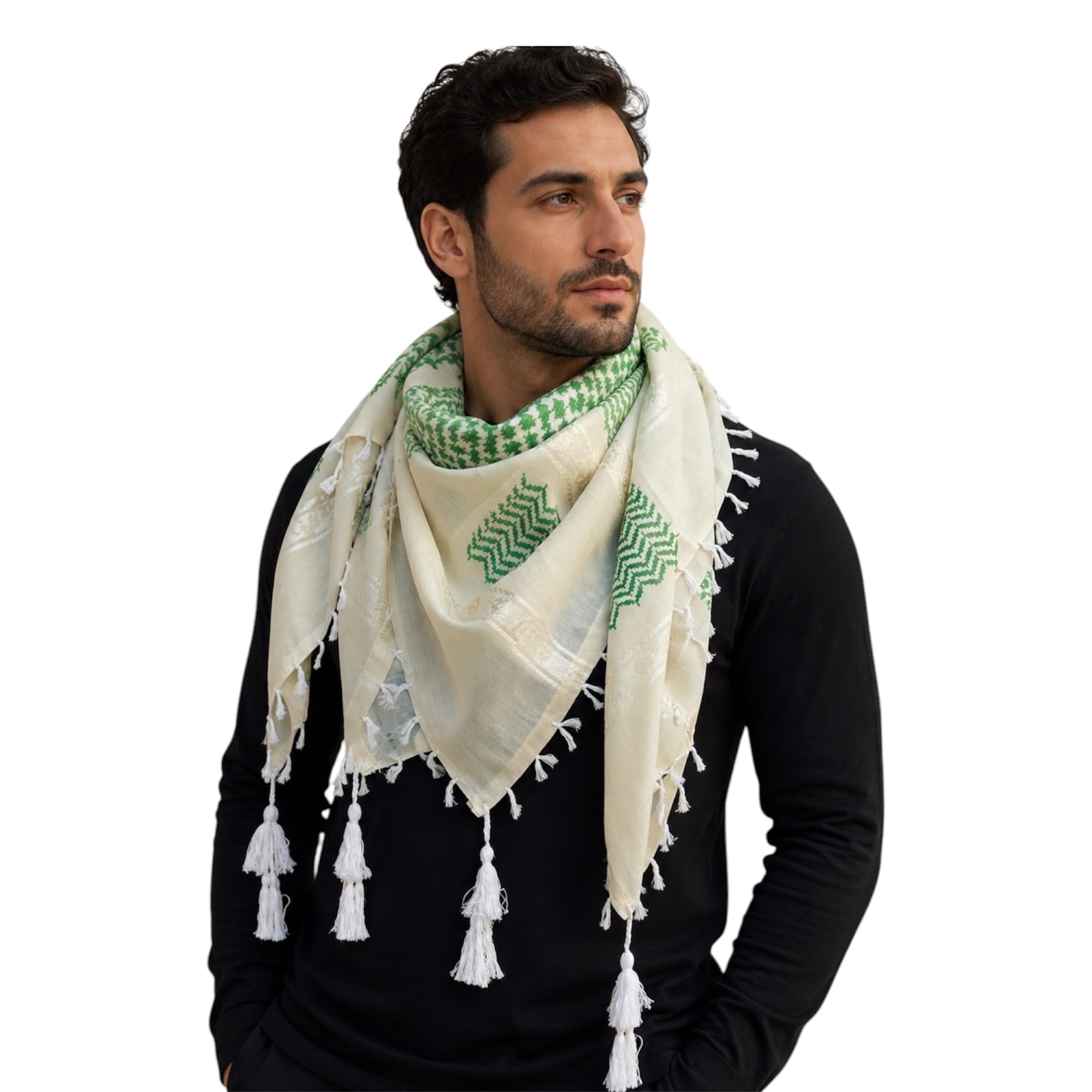 Jacquard Weave Palestine Keffiyeh Scarf, Cotton Fabric, Green and White, 48x48 Inch, for Men and Women-picture-49