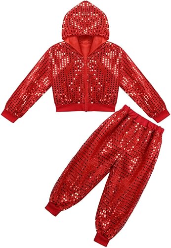 Miniatura 3 de inhzoy Conjunto de lentejuelas para niña, danza callejera, hip hop, danza, rendimiento, con capucha y pantalones de harén