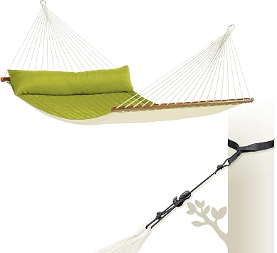 LA SIESTA Alabama Quilted Hammock with Spreader Bar & TreeMount, Fabric Tree Hammock with Tree Straps for Beams Posts - Weatherproof Outdoor Hammock - 2 Person Double Hammock Bed - XL King, Avocado