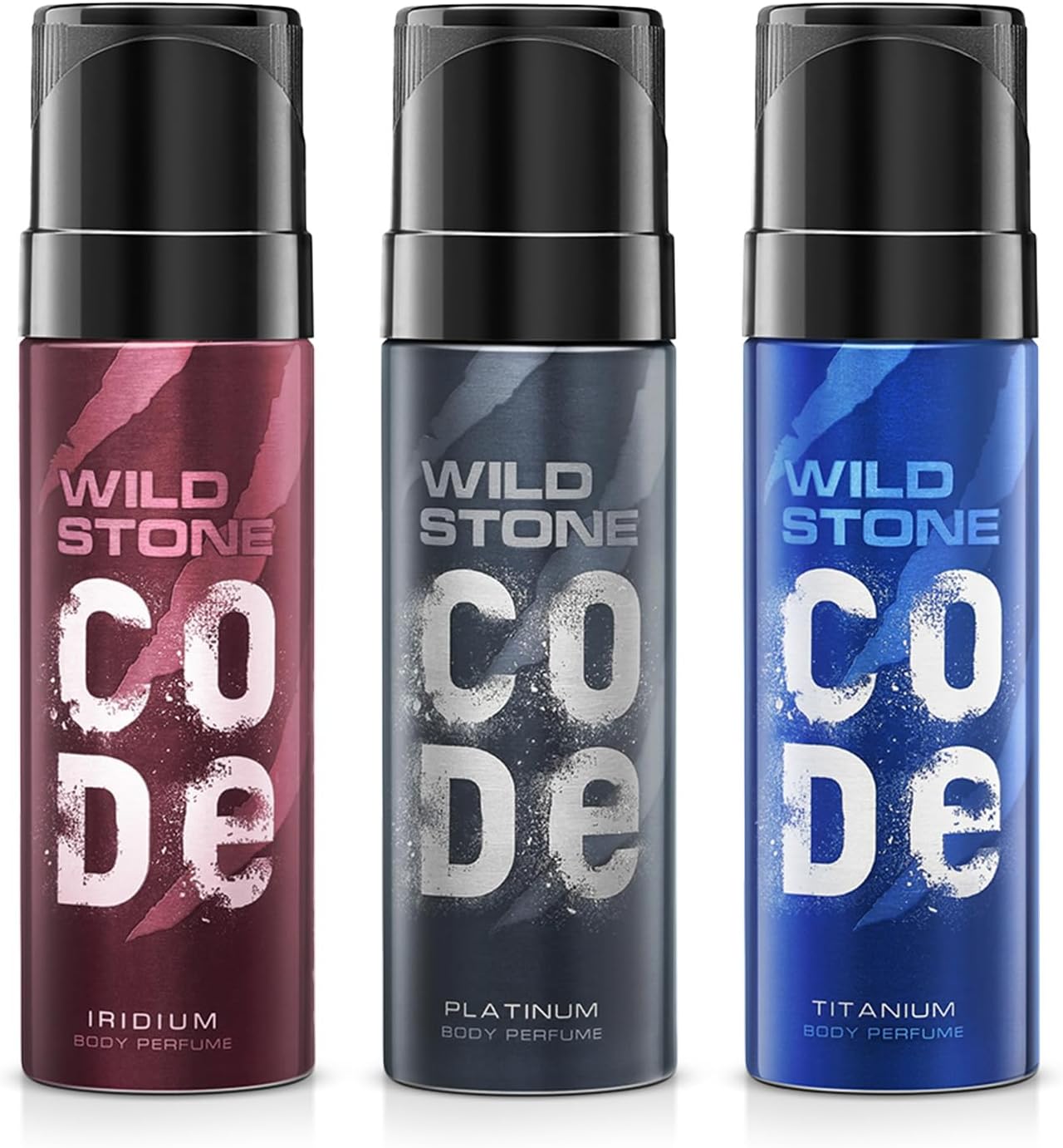Wild Stone Code Iridium, Platinum & Titanium No Gas Body Perfume Combo for Men, Pack of 3 (120 ml each)
