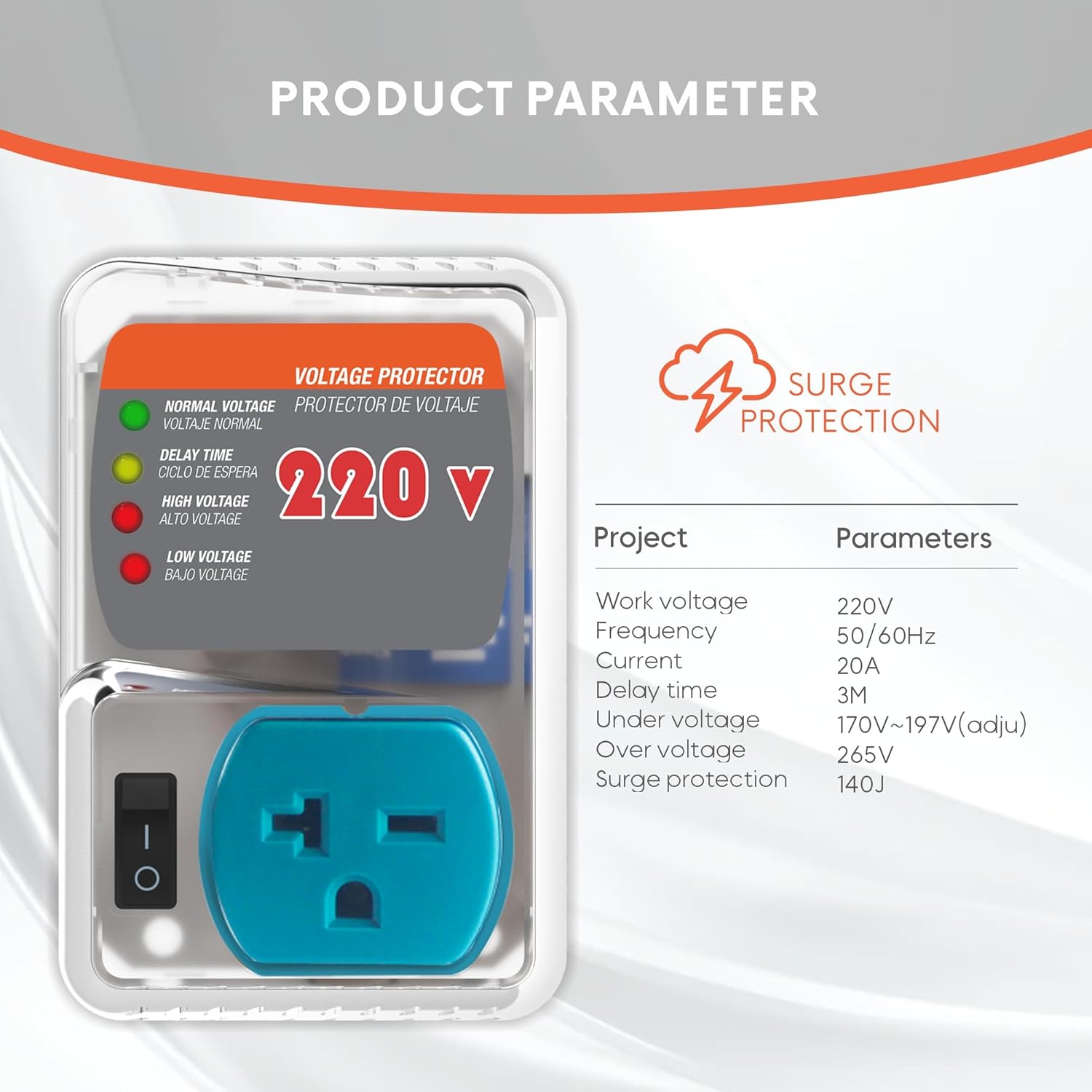 Heavy-Duty 20A 4400W Surge Protector for Appliances, Smart Circuit Plug with Outlet Saver & Power Strip for Refrigerator, Air Conditioner, High-Power Devices, Overload & Voltage Protection 140 Joule - Image 2