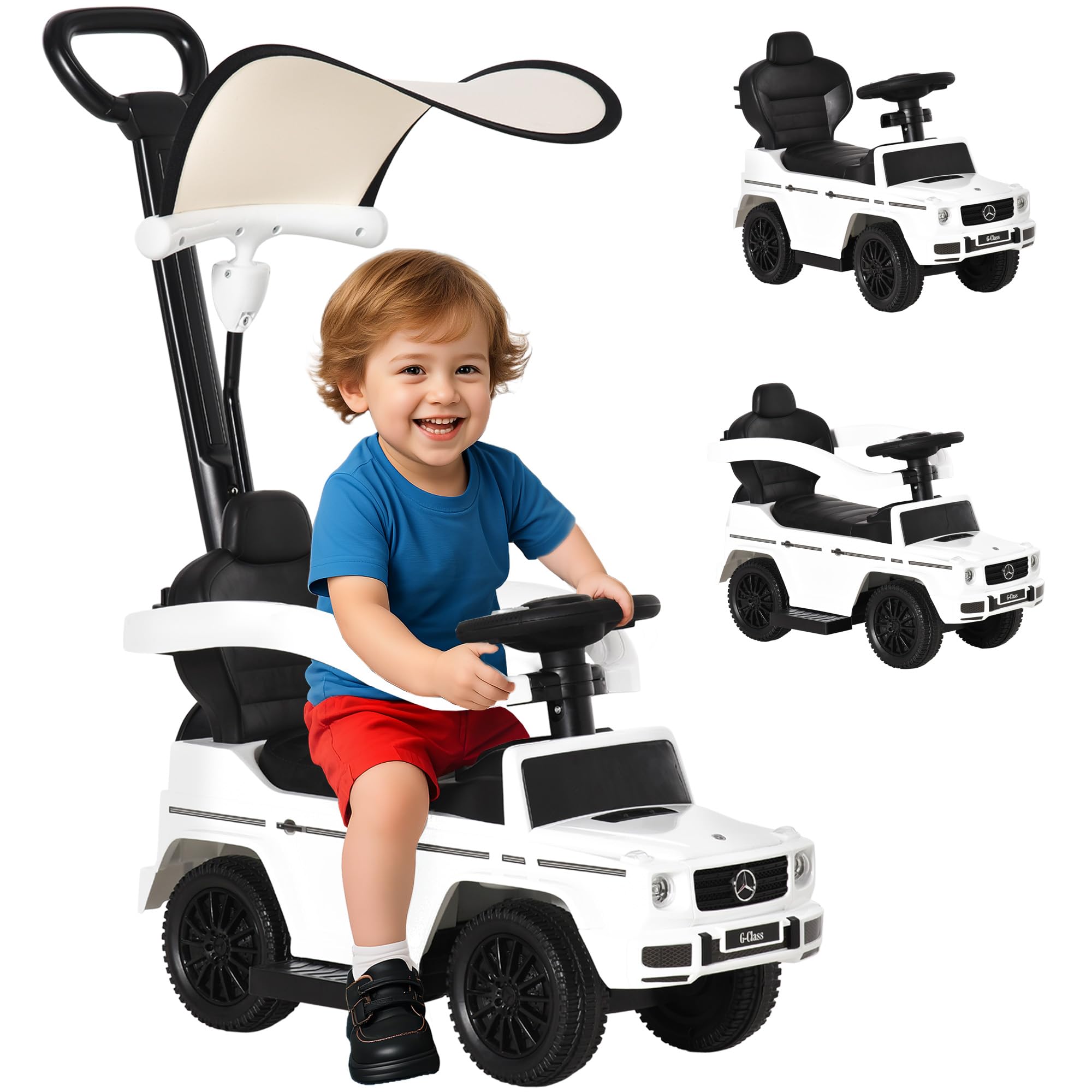 Homcom Kids Ride-On Push Car 3 In 1 Benz G350 Baby Floor Slider Walker, White