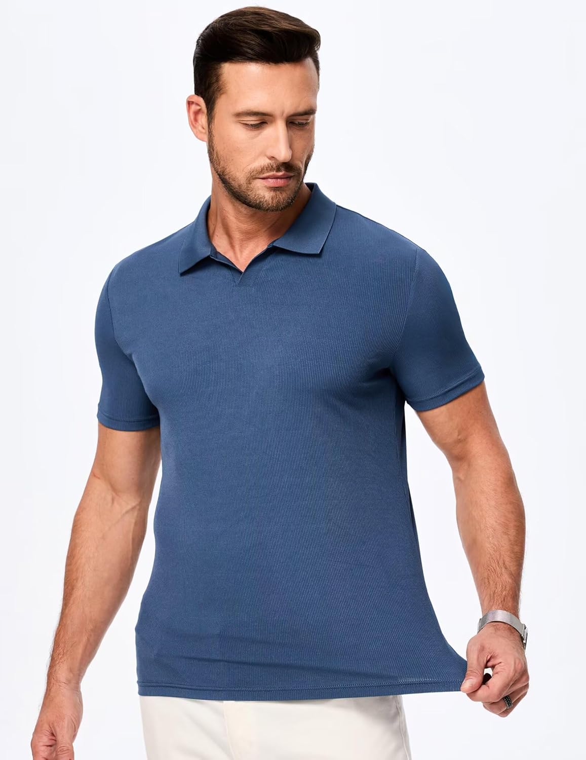 Mens Polo Shirts Short Sleeve V Neck Summer Polo T Shirts Casual Slim Fit Ribbed Textured Golf Shirts - Image 2