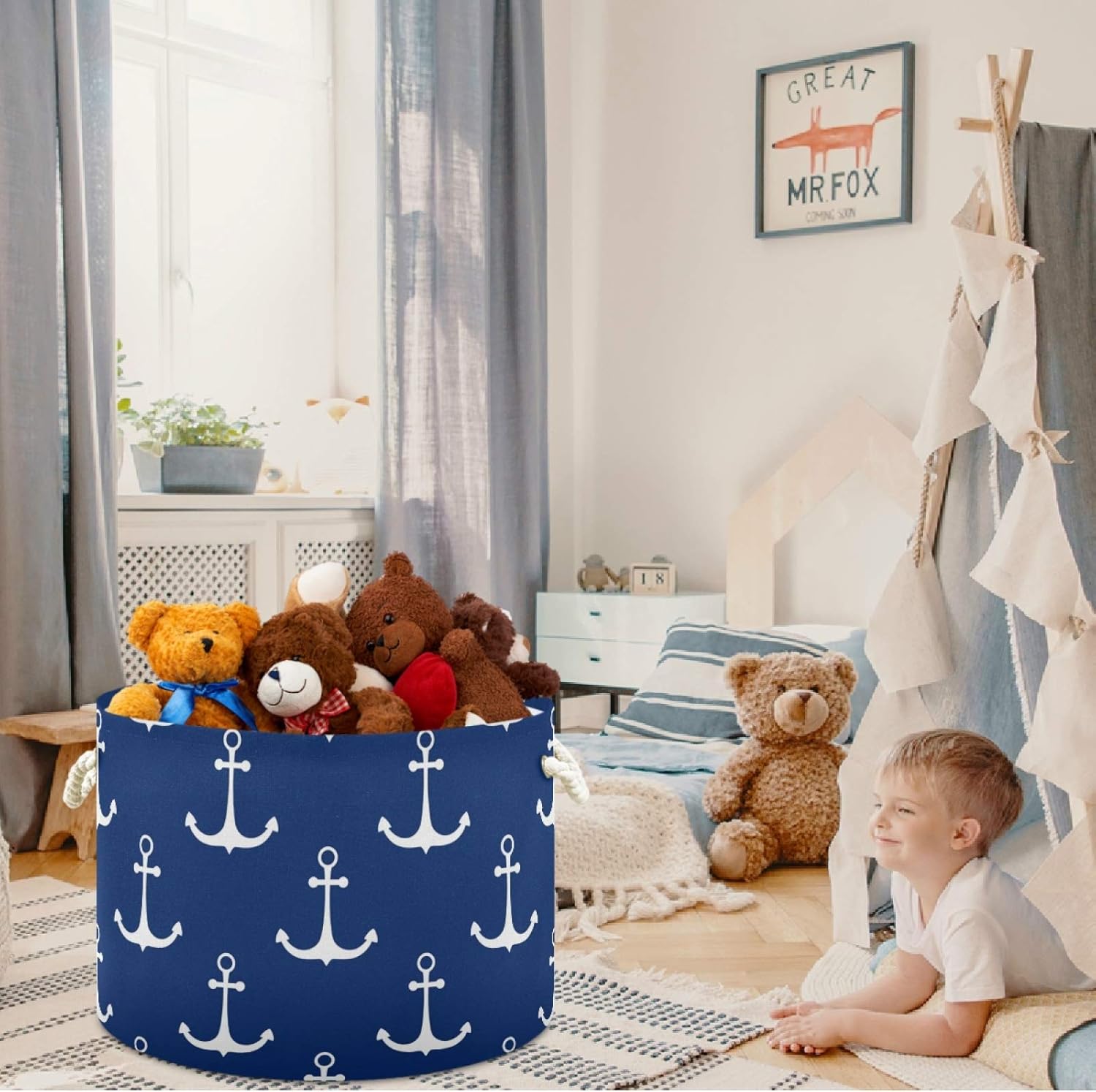 visesunny Classic Anchor Dark Blue Collapsible Large Capacity Basket Storage Bin with Durable Cotton Handles, Home Organizer Solution for Office, Bedroom, Closet, Toys, Laundry