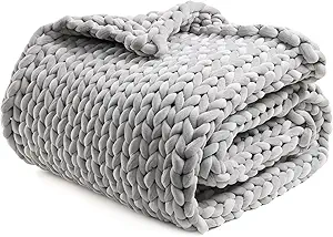 YnM Velvet Weighted Blanket, Handmade Chunky Knitted Design, Soft and Cozy, Temperature Regulating and Breathable, Machine Washable Throw for Sleep or Home Decor (Light Grey, 60x80 Inch, 15lbs)