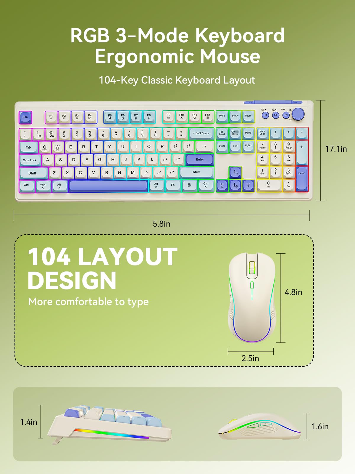 XISOGUU Combo de teclado y mouse inalámbricos Bluetooth, batería recargable de 2000 mAh, retroiluminación RGB, teclado antighosting con sensación mecánica + ratones 6D 4800DPI para PC