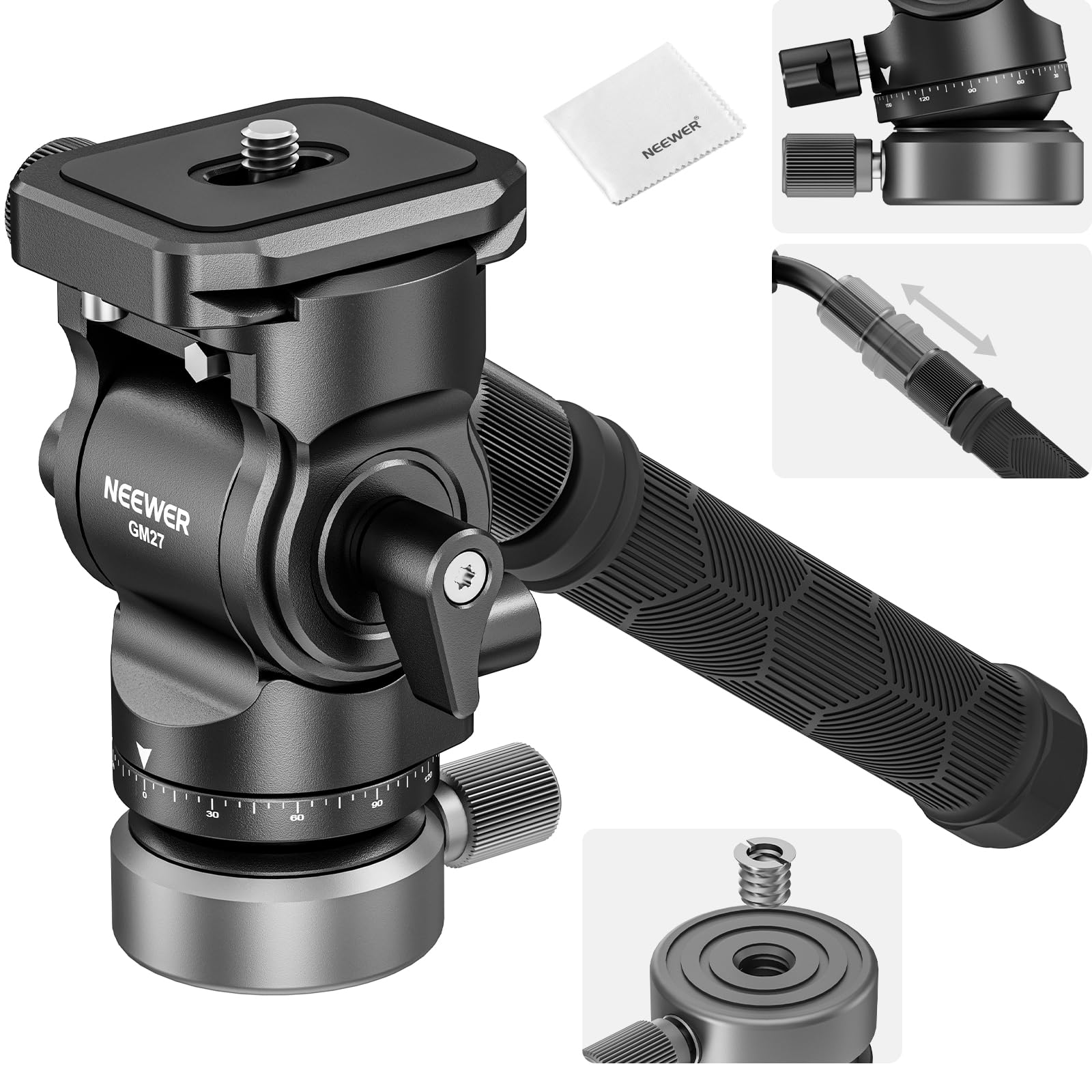 NEEWER Stativ Fluidkopf mit +/-10° Nivellierbasis, Metall Drag Pan Tilt Kopfhalterung mit Arca Typ Schnellwechselplatte, Teleskopgriff, Reinigungstuch für kompakte DSLR Kamera/Cam, max. Last 4kg, GM27