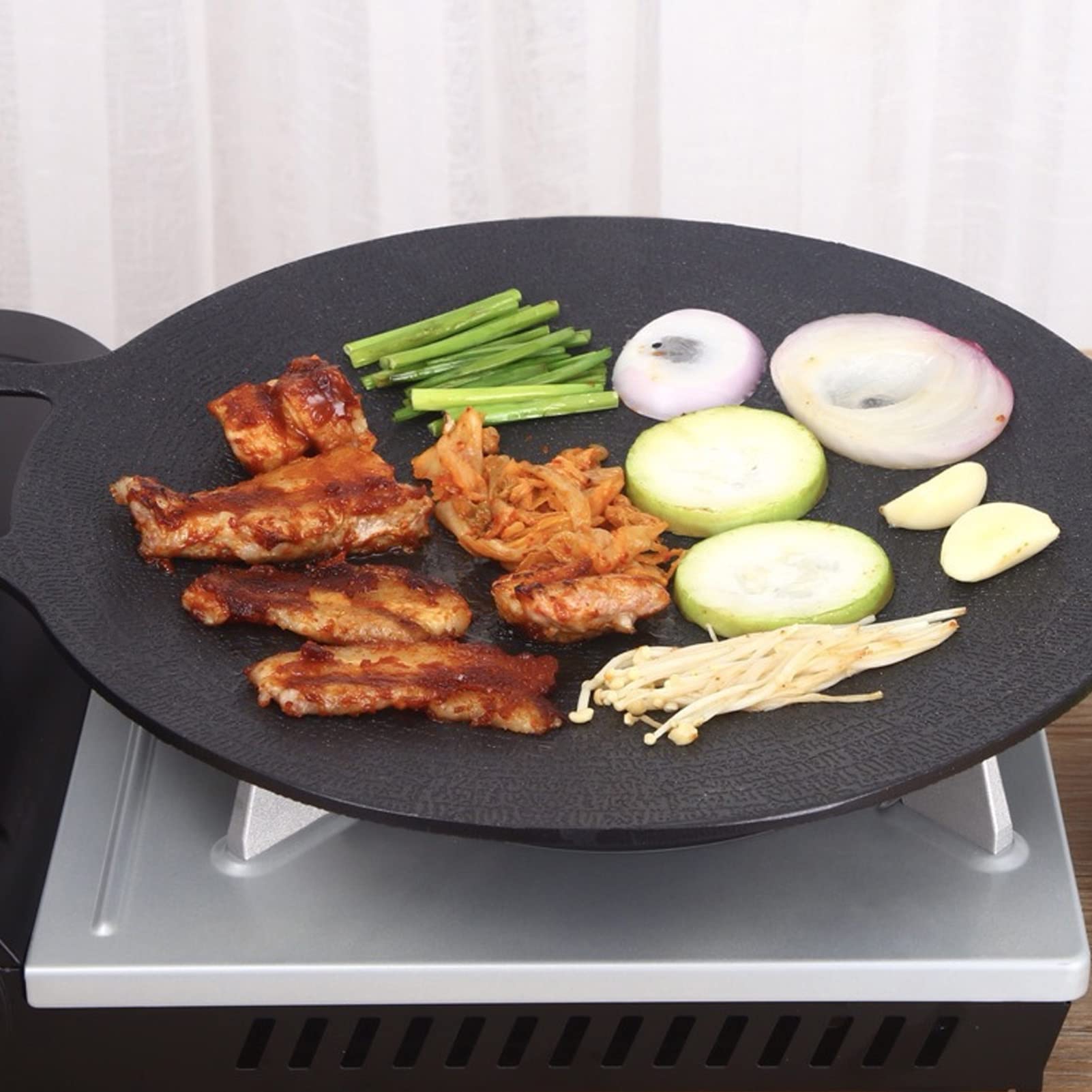 Padella Rotonda Coreana per BBQ, Rivestimento Antiaderente Durevole, per | Materiale in lega di alluminio, Cottura veloce e uniforme, Adatto all\'induzione, Design a doppia maniglia.