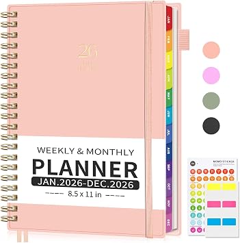EMSHOI 2026 Planner Weekly and Monthly, Large A4 8.5x11, Jan-Dec 2026 Calendar Agenda with Monthly Tabs, Note Pages, 100GSM Thick Paper, Flexible Cover for Business Work School Academic, Pink
