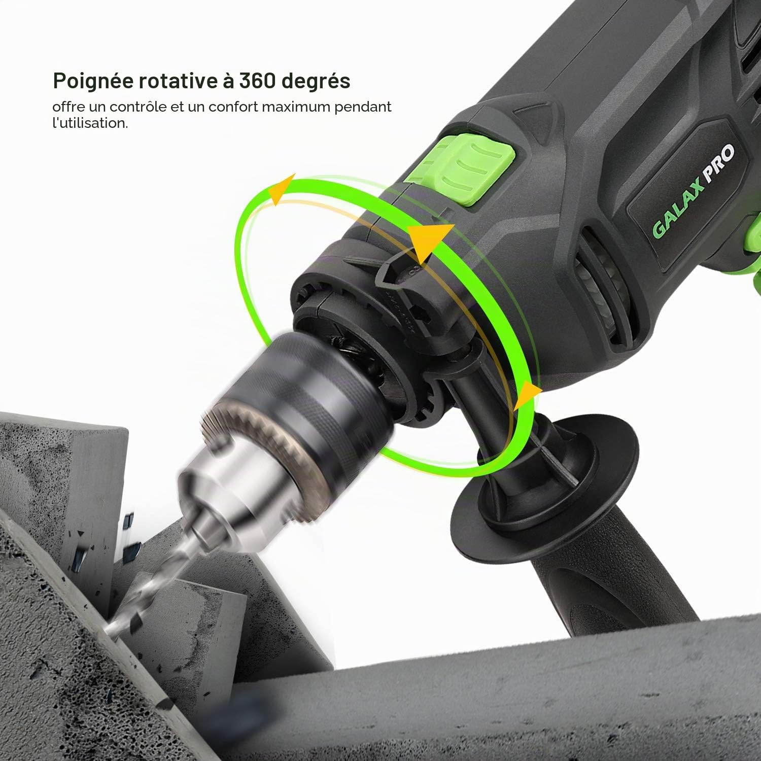 GALAX PRO Perceuse à percussion 600W, 13mm mandrin de perçage, 0-3000RPM, Perceuse puissante à vitesse variable pour métal, bois et béton