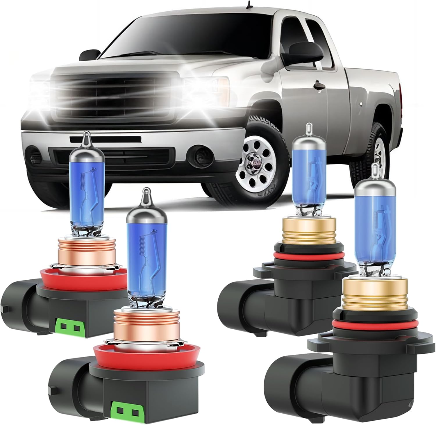 Sierra Halogen Headlight Bulbs Fits for 2007-2013 GMC Sierra Halogen High Low Beam Bulbs Combo, Ultra Bright 5000K, Direct Plug and Play, 4 Pack