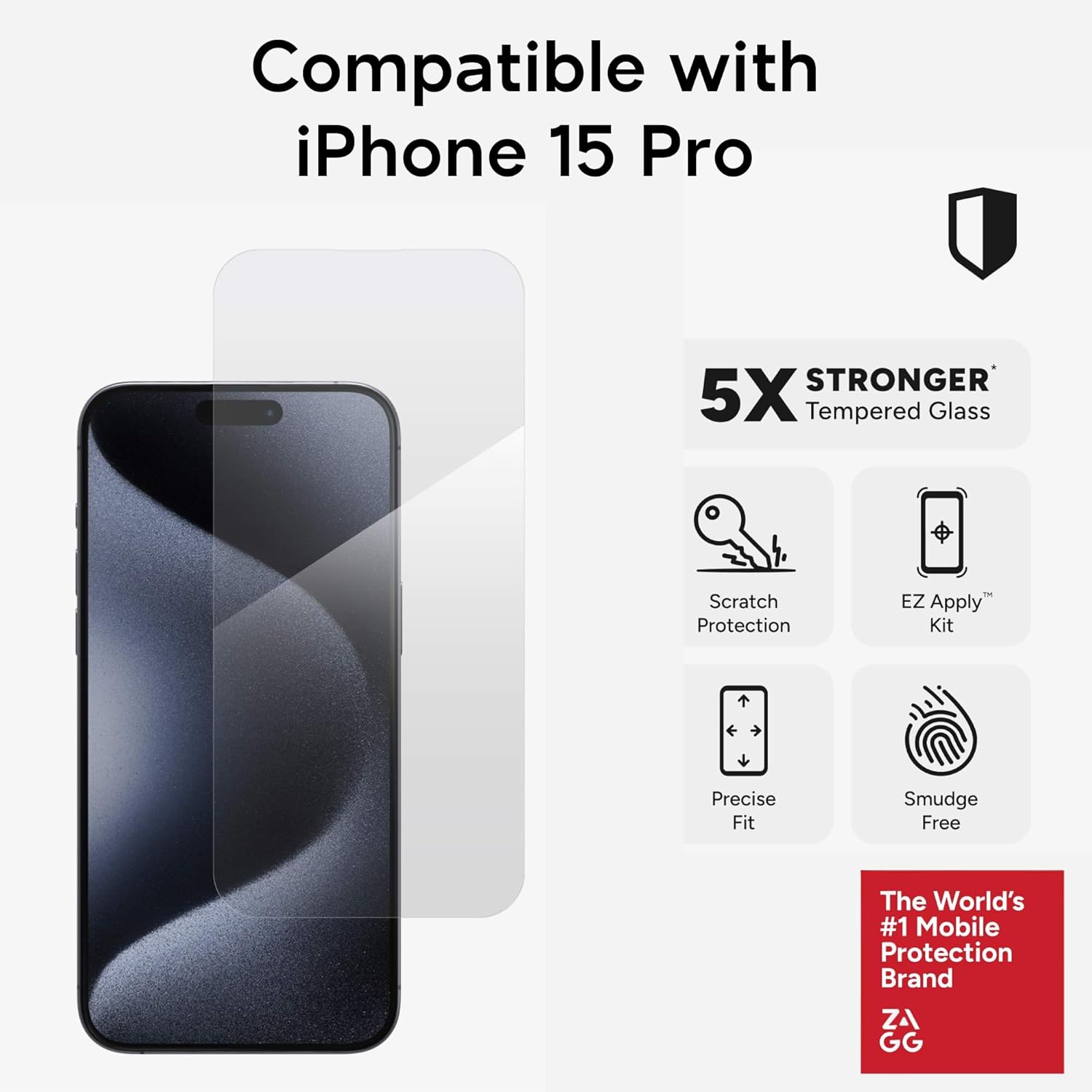 ZAGG InvisibleShield Glass Elite Screen Protector for iPhone 15 Pro - 5X Stronger Tempered Glass, Scratch & Impact Protection, Smudge-Resistant, Easy to Install - Clear