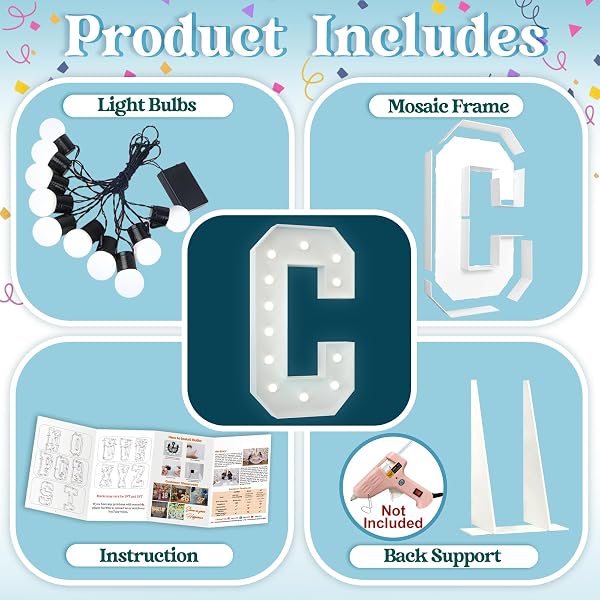 4FT Light Up Letters Birthday Decoration Large Letters C for Party Decorations Marquee Letters for Wedding Graduation Decorations Mosaic Arch Stand Pre-cut DIY Foamboard - 4