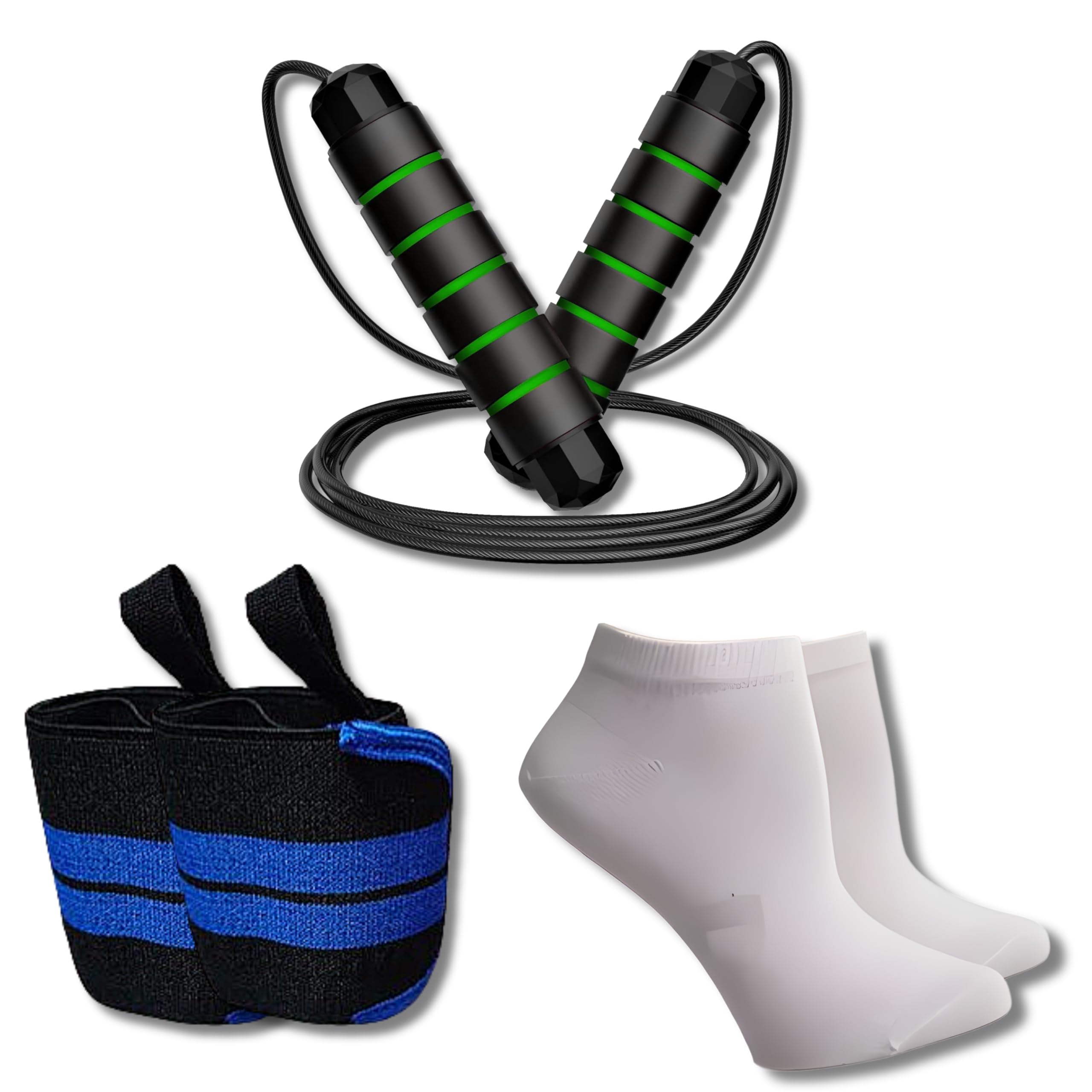 Green Jumping Rope | Wrist Band | White Socks | E-Book - Complete Cardio Home Workout Kit for Endurance & Flexibility Training-image-37