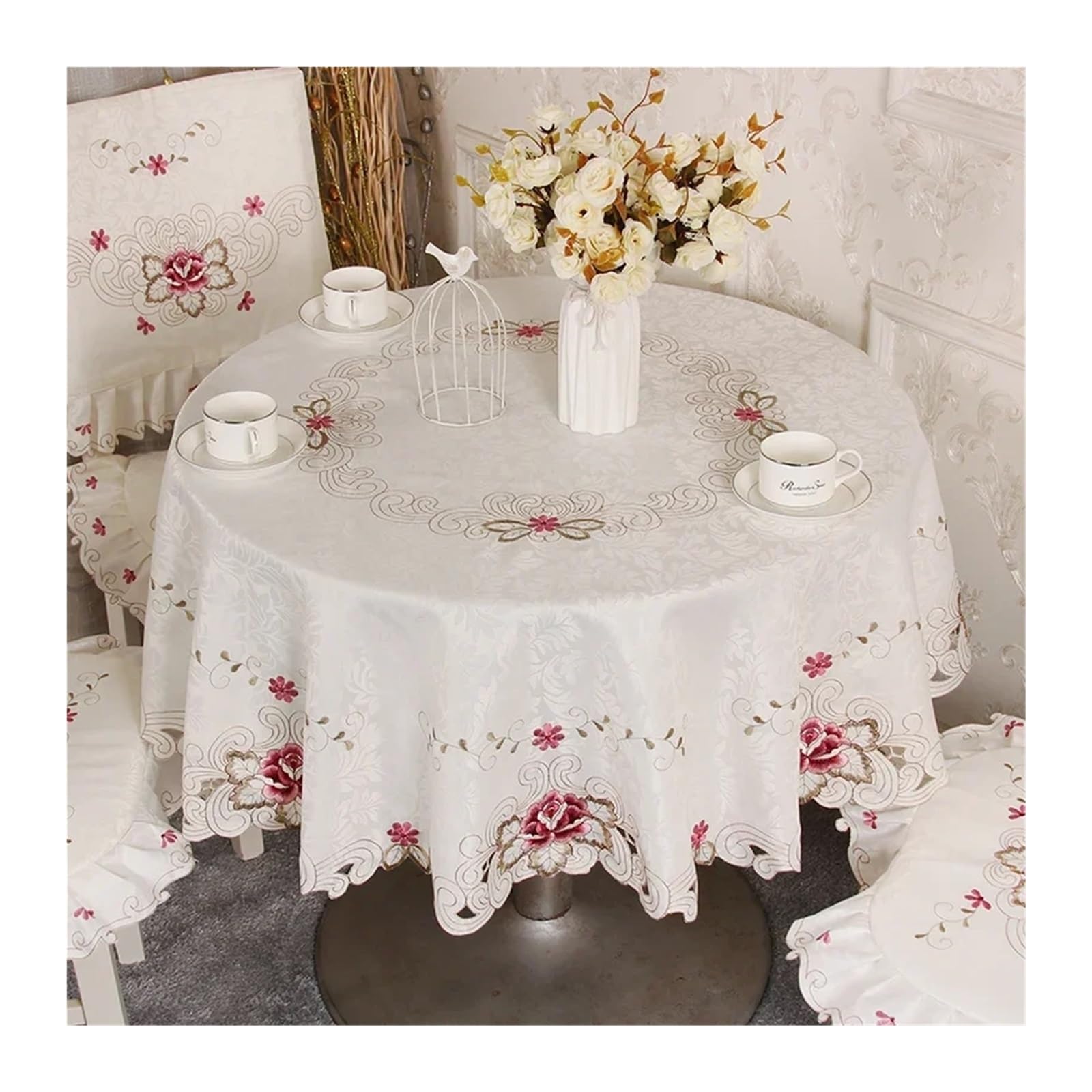 SHENJMAI Vintage Lace Table Round Table Cloth Tablecloths White Household Lace Tablecloth Dining Cover Embroidered Flower Home(Color5,Diameter 175cm)