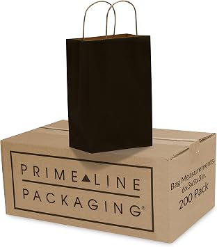 Prime Line Packaging Black Gift Bags, Paper Gift Bags with Handles, Small Business, Boutiques, Retail Use, Goodie, Wrapping, Events, Bulk, 6x3x9, 200 Pack