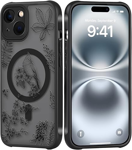 OOZ Case for iPhone 15 Compatible with Magsafe Hummingbird and Black Floral Leav