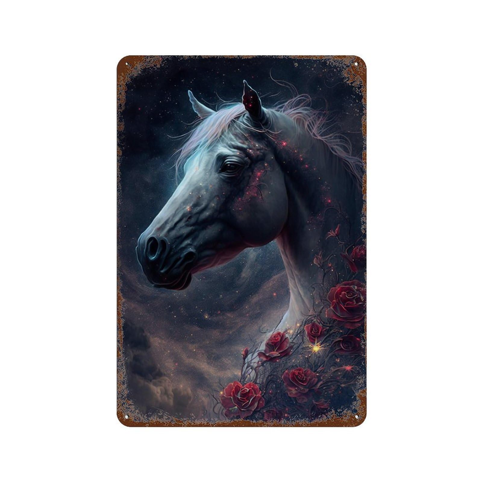 Rust Effect Fantasy Horse with Roses Art Print Distressed Metal Wall Sign 11.8"x7.9", Shabby Chic Decor for Pub, Kitchen And Man Cave Decor