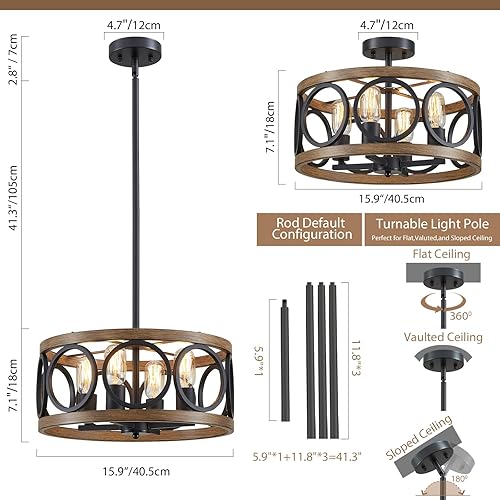 Miniatura 3 de Lámpara de techo negra, lámpara rústica de 15.9 pulgadas, lámpara colgante de tambor para comedor y dormitorio, lámpara redonda de metal de grano de