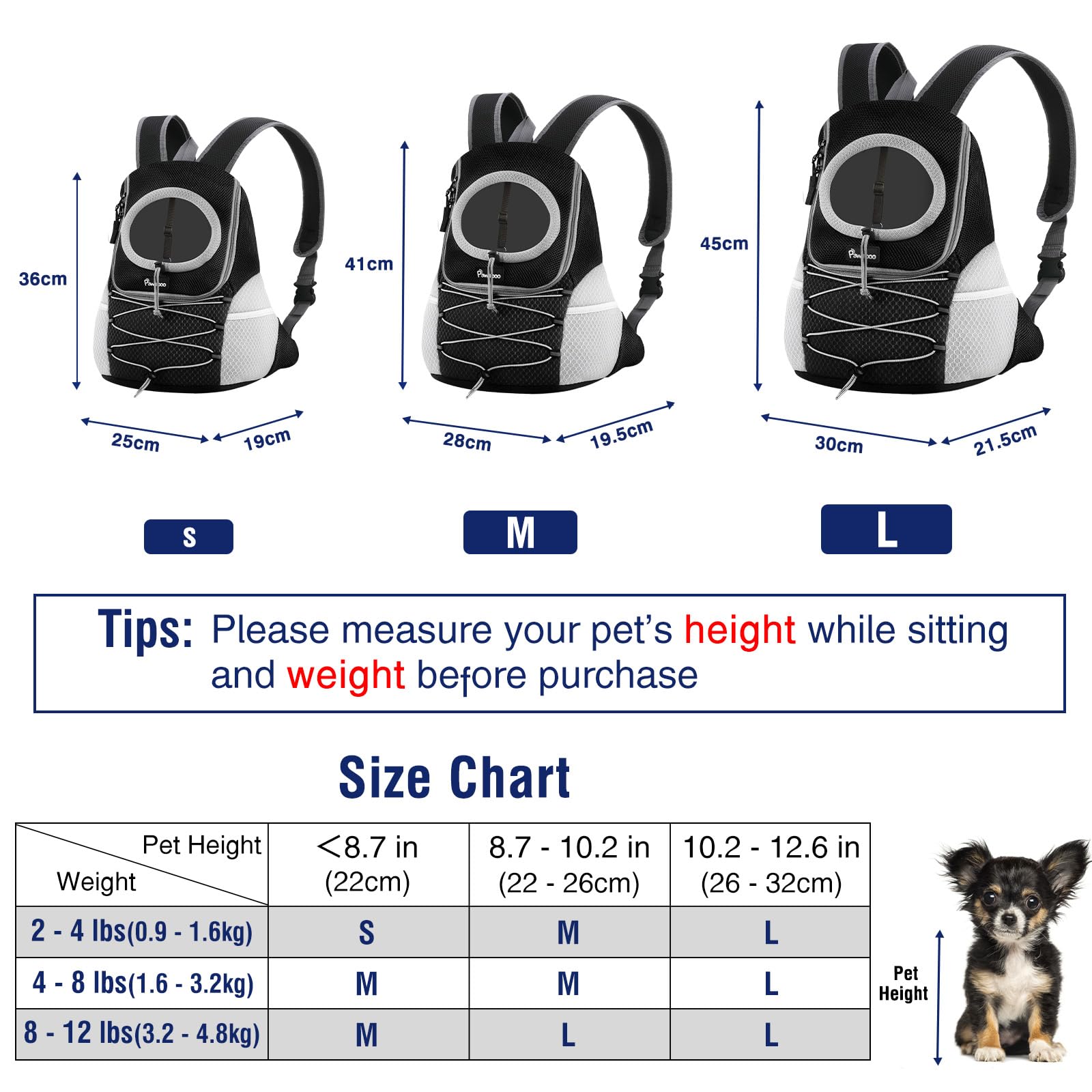 Pawaboo Haustier Rucksack Hund Tragetasche für Kleine Mittelgroße Hunde und Katzen, Atmungsaktiv und Bequem Haustier Tragbar Reisetasche mit Hiking Travel Outdoors, Schwarz S