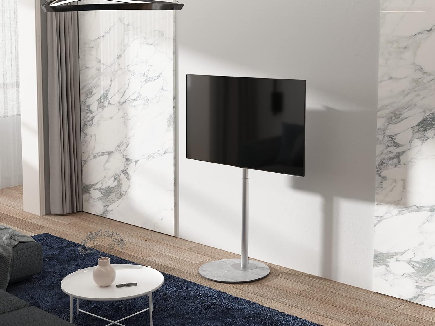 FITUEYES Design Tall TV Floor Stand for 37"-65", Modern Grey Corner TV Stand with Marble Textured Glass Base & Concealed Storage, Metal TV Stand Decor for Living Room, Master Series