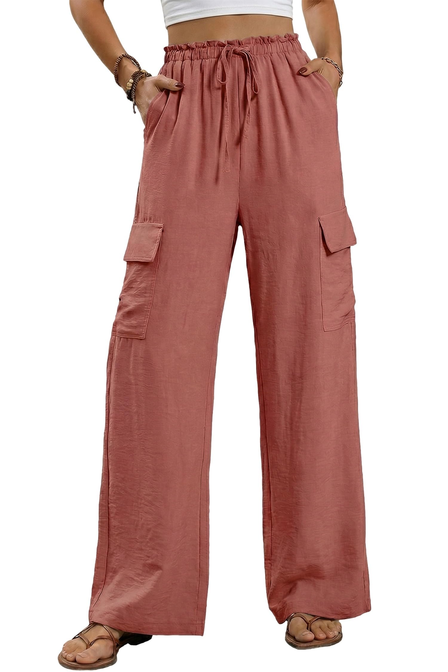 EVALESS Women Wide Leg Cargo Pants Summer Casual Drawstring Waist Lounge Trousers 2026 Beach Vacation Travel Clothes