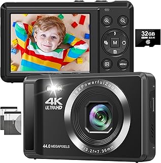 Digital Camera 4K 44MP Compact Camera with 16X Digital Zoom, Auto-Focus Kids Point and Shoot Digital Camera with 32GB SD Card, Portable Camera for Teens Kids Boys Girls