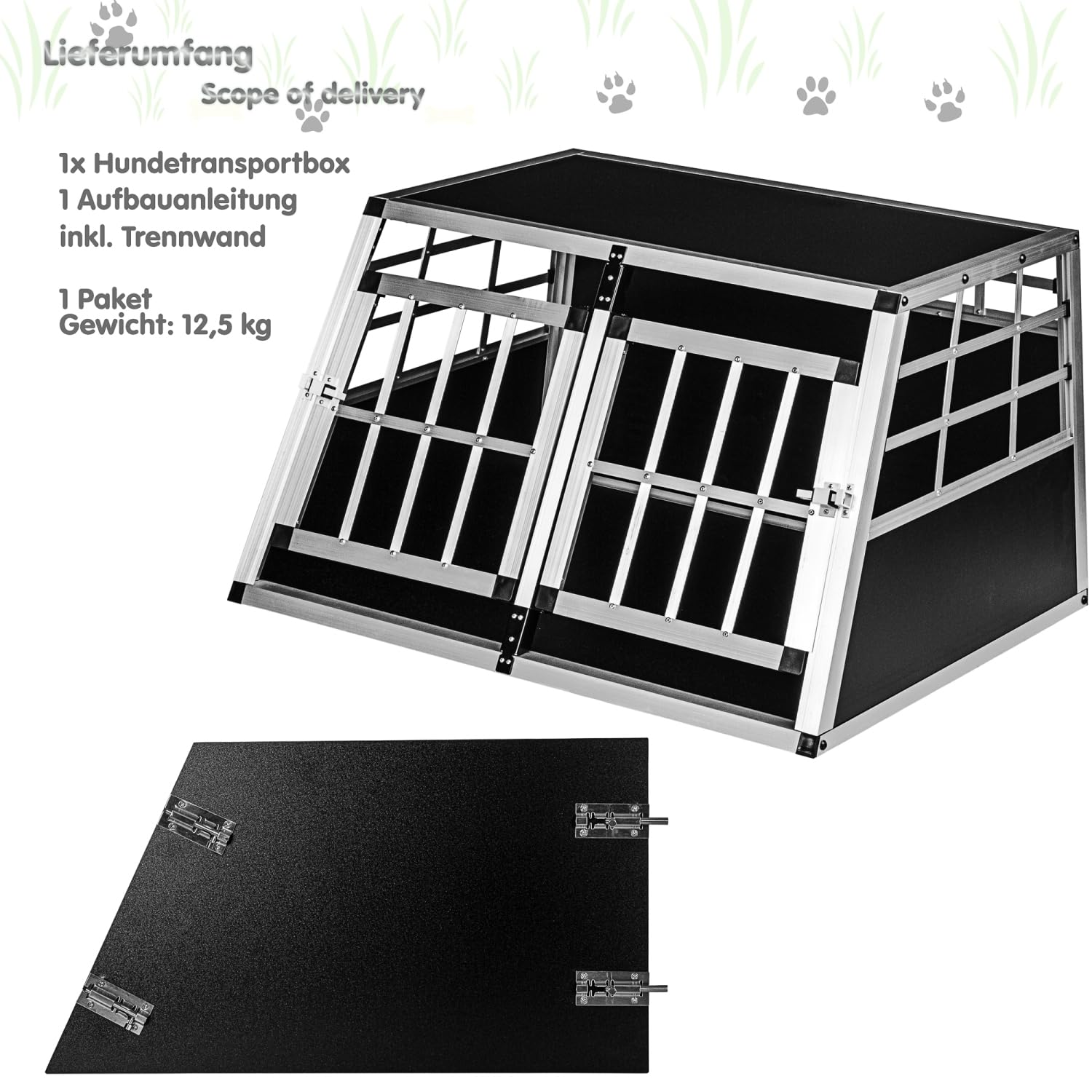 Hundebox gerade Rückwand 90° - Größenwahl, Zwei Türen, Trennwand