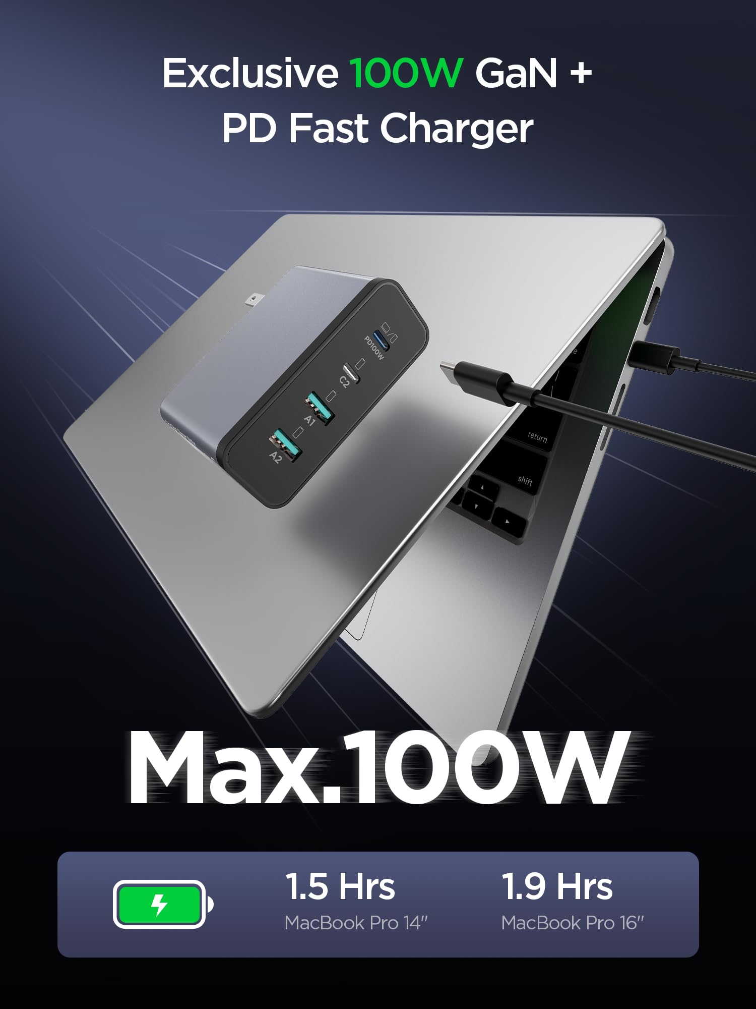 EIZLXQ Caricatore per MacBook Pro PD3.0 PPS 100 W USB C, caricatore rapido 120 W GaN per MacBook Pro/Air, iPhone, Samsung Galaxy, iPad Pro, grigio