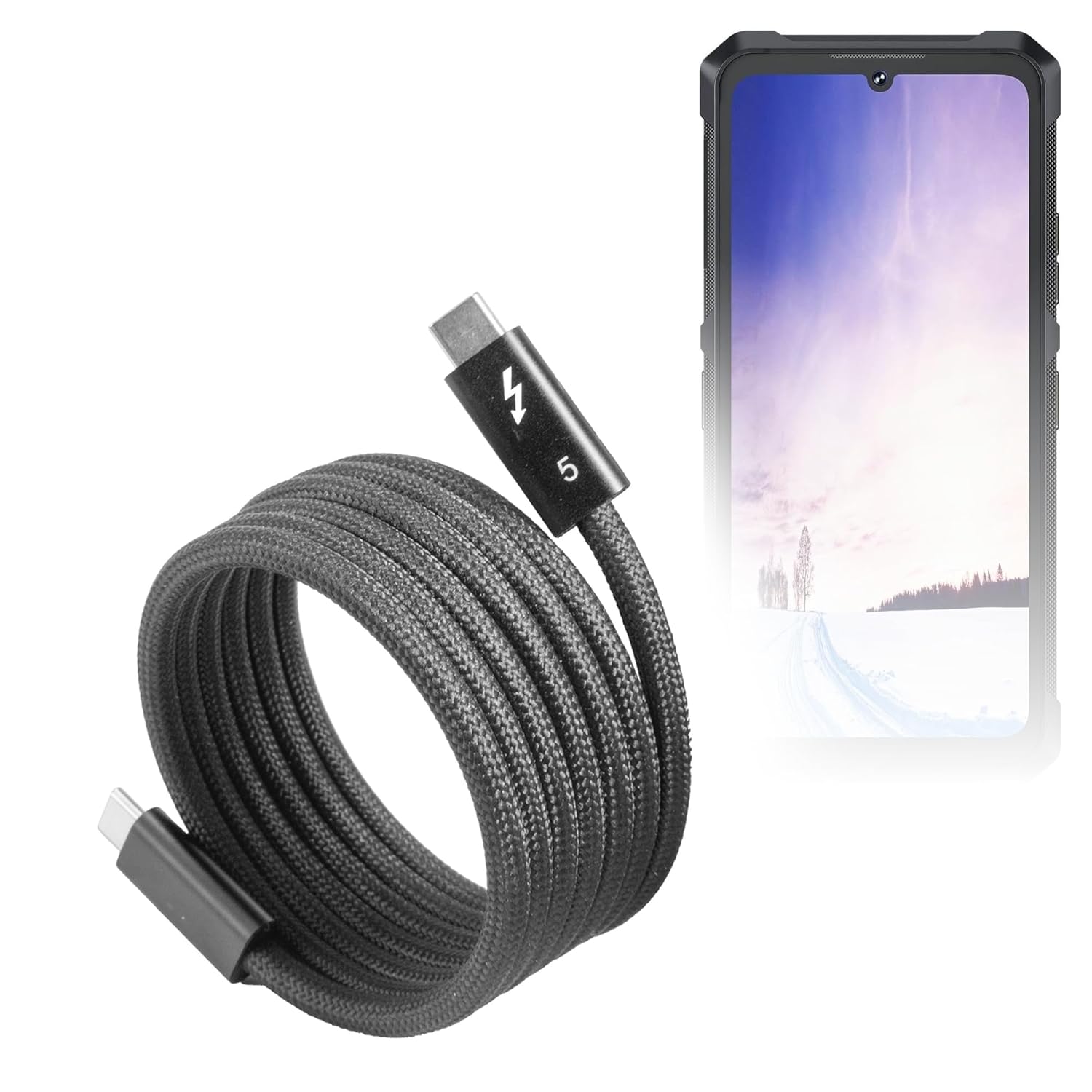 BoxWave Cable Compatible with Cubot Kingkong ES 3 - SnapWrap Thunderbolt 5.0 Cable (5ft 240W), Magnetic Self-Coiling Nylon Braided Retractable - Jet Black