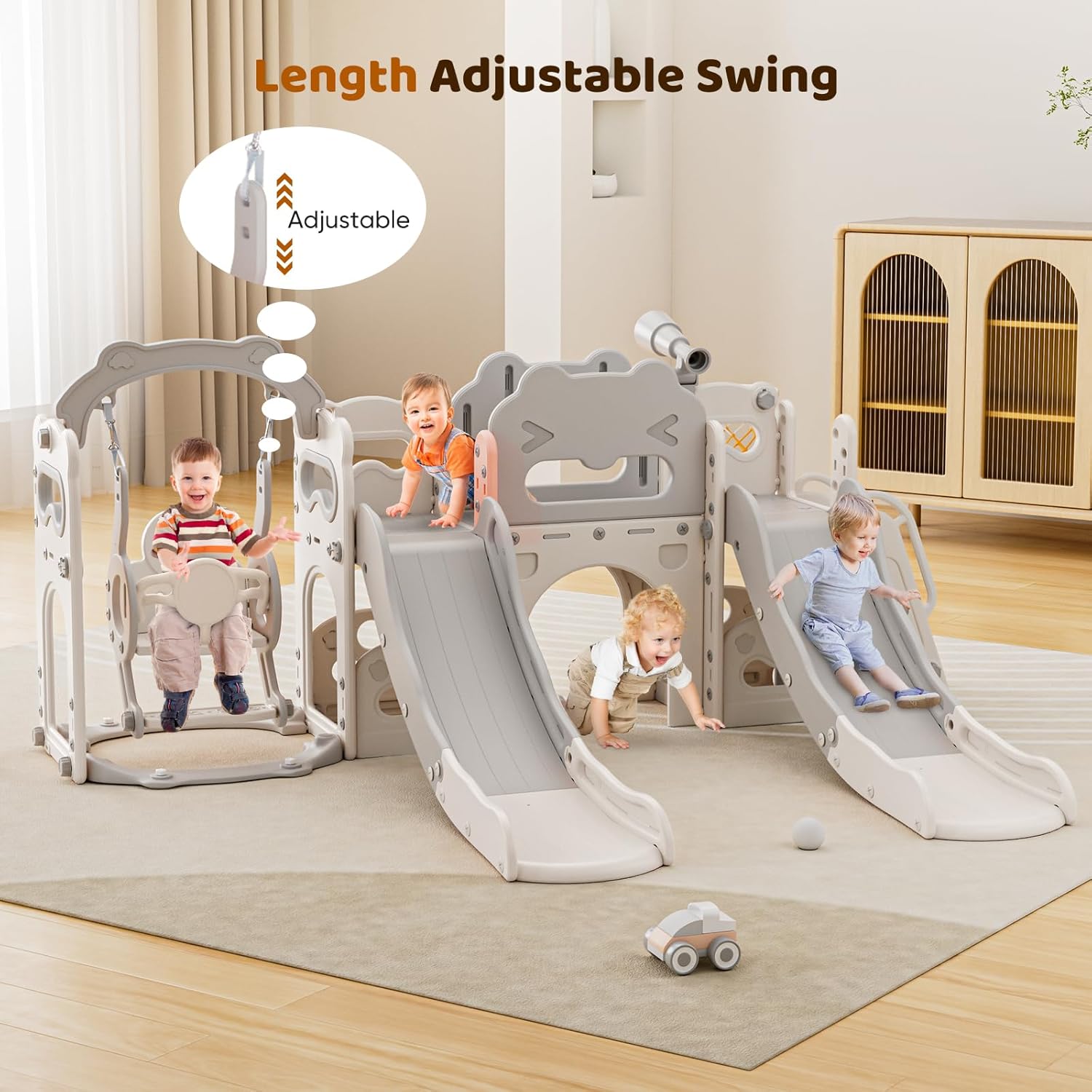 Toddler Slide and Swing, 10 in 1 Toddler Indoor Playground, Slide for Toddlers, Outdoor Playset Backyard with Basketball Hoop, Tunnel and Storage Space, Kids Double Slide Age 1+ (Grey)