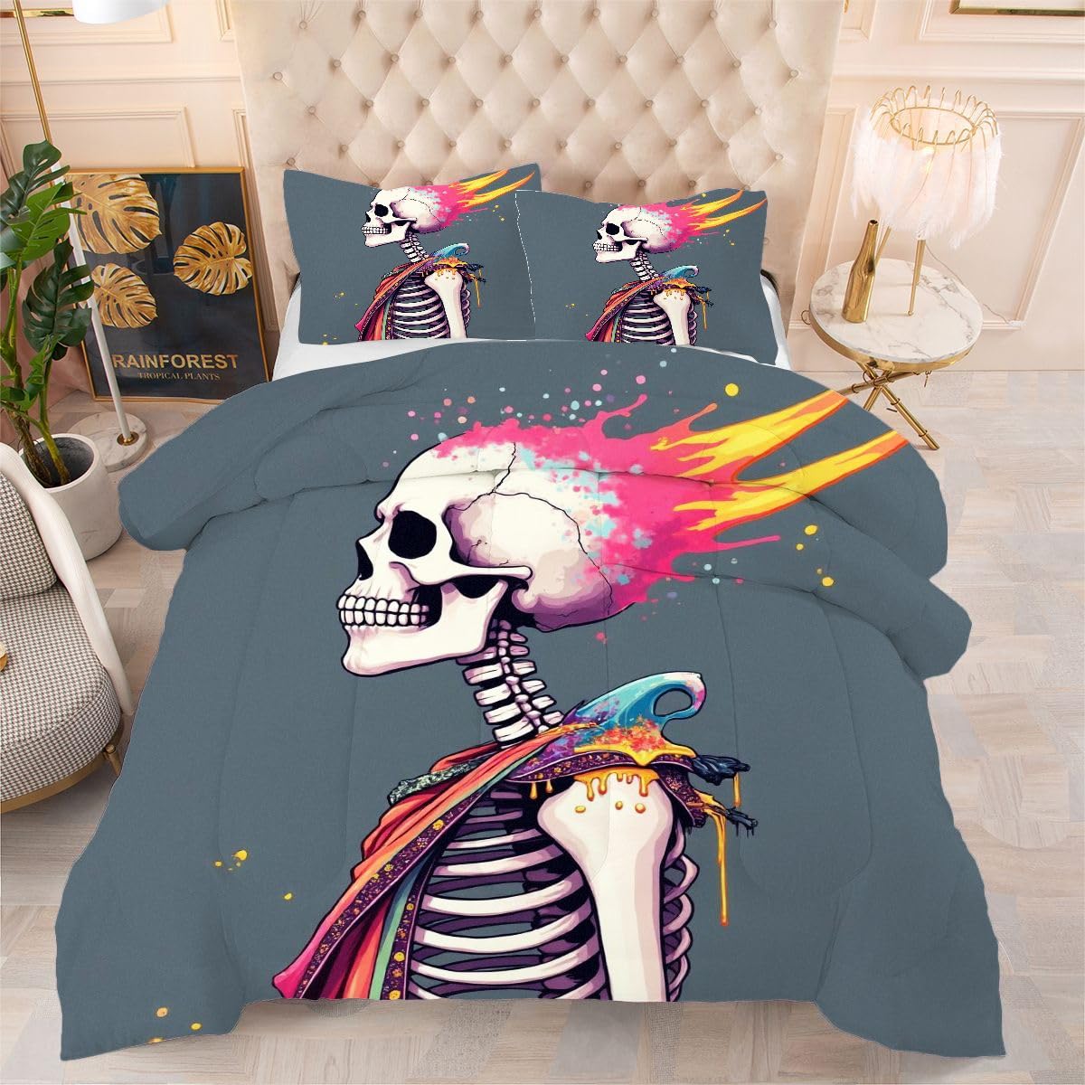 Couette 240 x 260 cm crâne blanc microfibre lit deux personnes avec taies d'oreiller