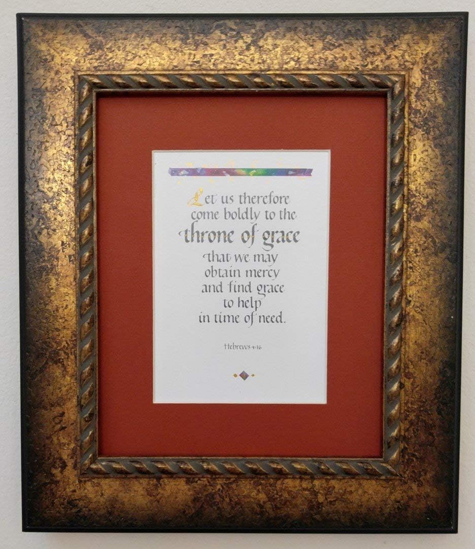 Let us therefore come boldly to the throne - Hebrews 4:16 - Hand-lettered Christian Calligraphy, Bible Scripture - Christian Wall Art - portrait print matted in 8" x 10" premium frame - 1217PKP45PM43