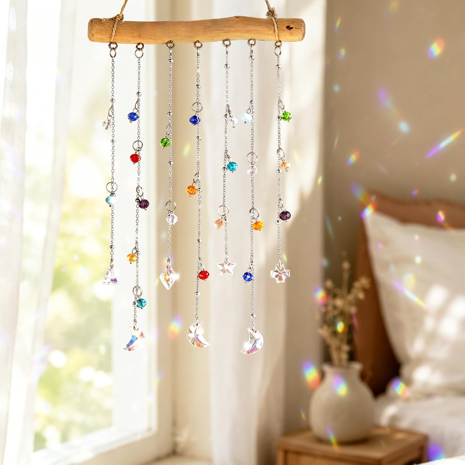 DEMIUKO Crystal Sun Catcher for Windows Hanging Decor, Crystal Wind Chimes with Wood Rainbow Maker Suncatchers Colorful Crystal Beads Chain Pendant for Garden Home Indoor Outdoor (Multi Color, 1pcs)