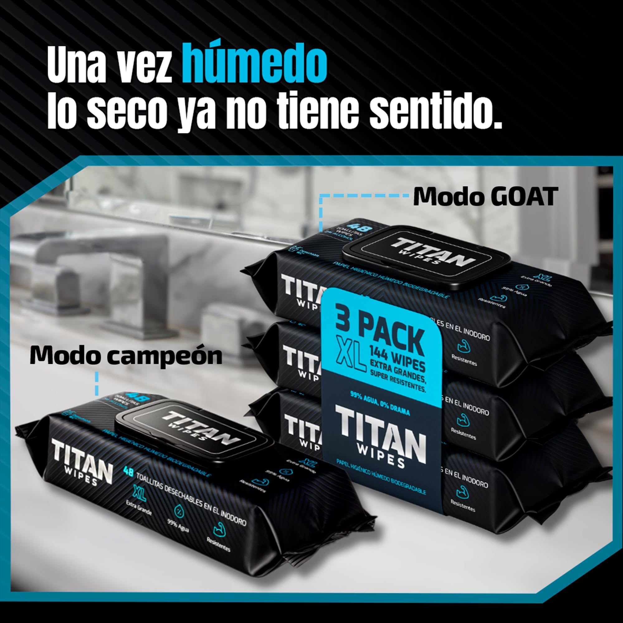 Papel Higiénico Húmedo Biodegradable EXTRA Grande y Resistente – 3pack 144 Toallitas Humedas XL 18×18 cm, 99% Agua, Aloe & Vitamina E, 0% Alcohol, Resistentes y Desechables por el WC