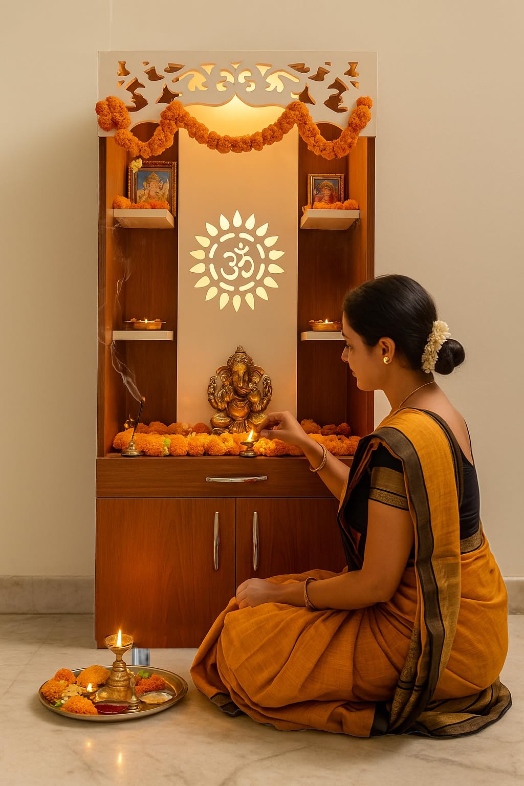 Alpine Willow Premium Temple for Home (Pre-Assembled) Pooja Mandir Prayer with LED Light, Storage Display Cabinet I Corian Design I Devghar I Pooja mandir Big Size (Walnut & White, 130X60X35 CM)