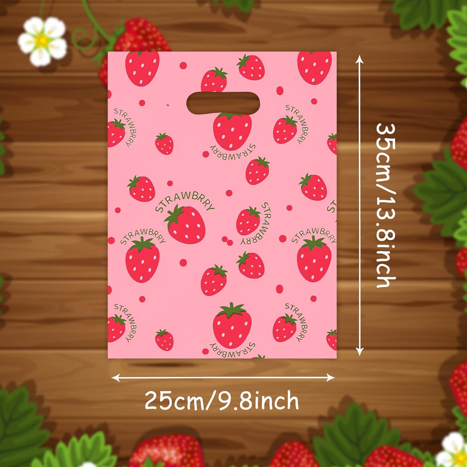 50Pcs 10*14inch Large Sweet Red Strawberry Goody Candy Treat Snack Party Favors Plastic Pink Gifts Wrapping Bags with Handles For Fruit Berry Sweet Kids Girls 1st 2nd Birthday Fruit Party Wedding Supplies - Image 2