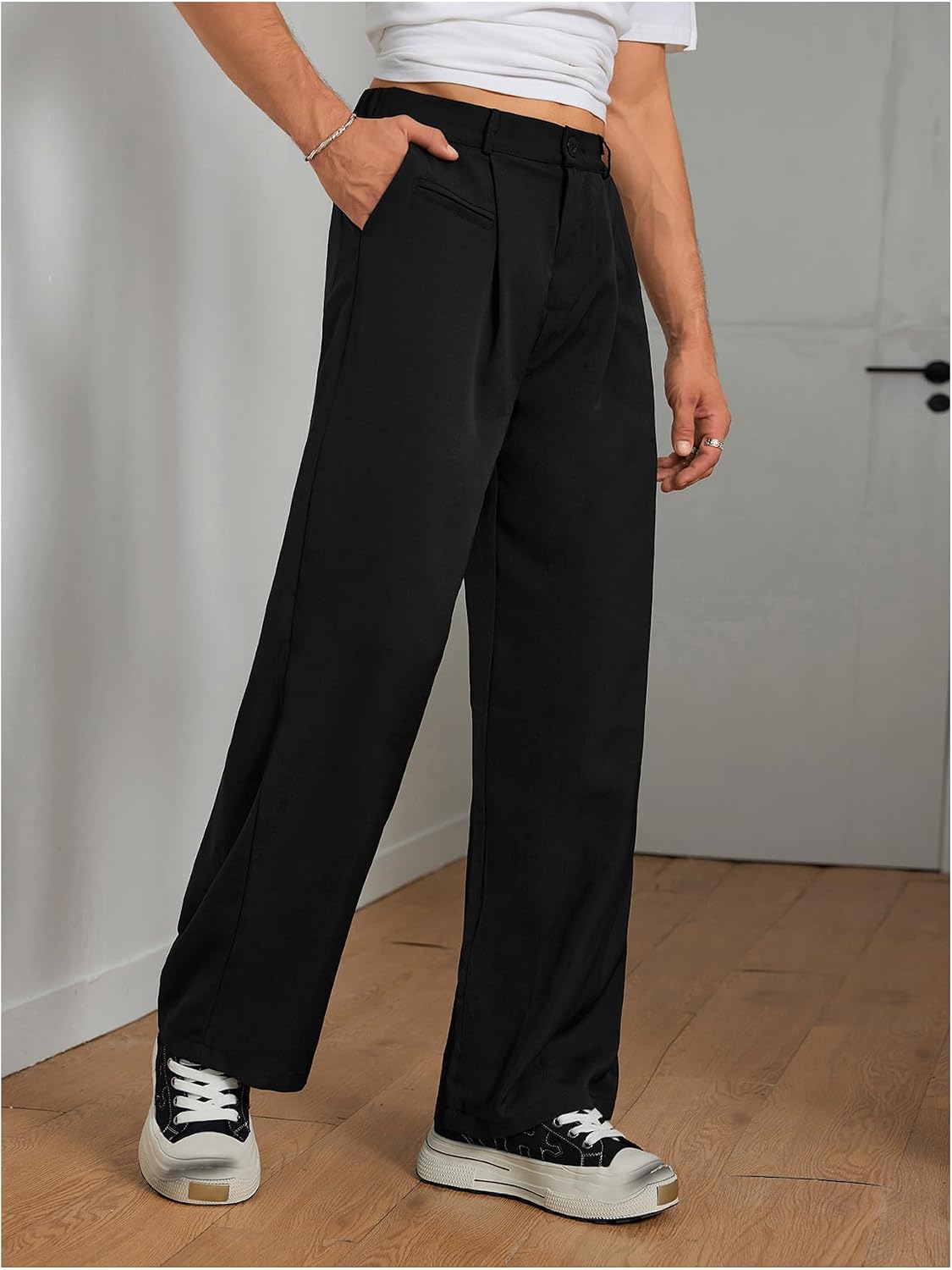 SHENHE Men's Pleated Low Waist Wide Leg Suit Pants Casual Dress Wide Leg Loose Long Pants with Pocket