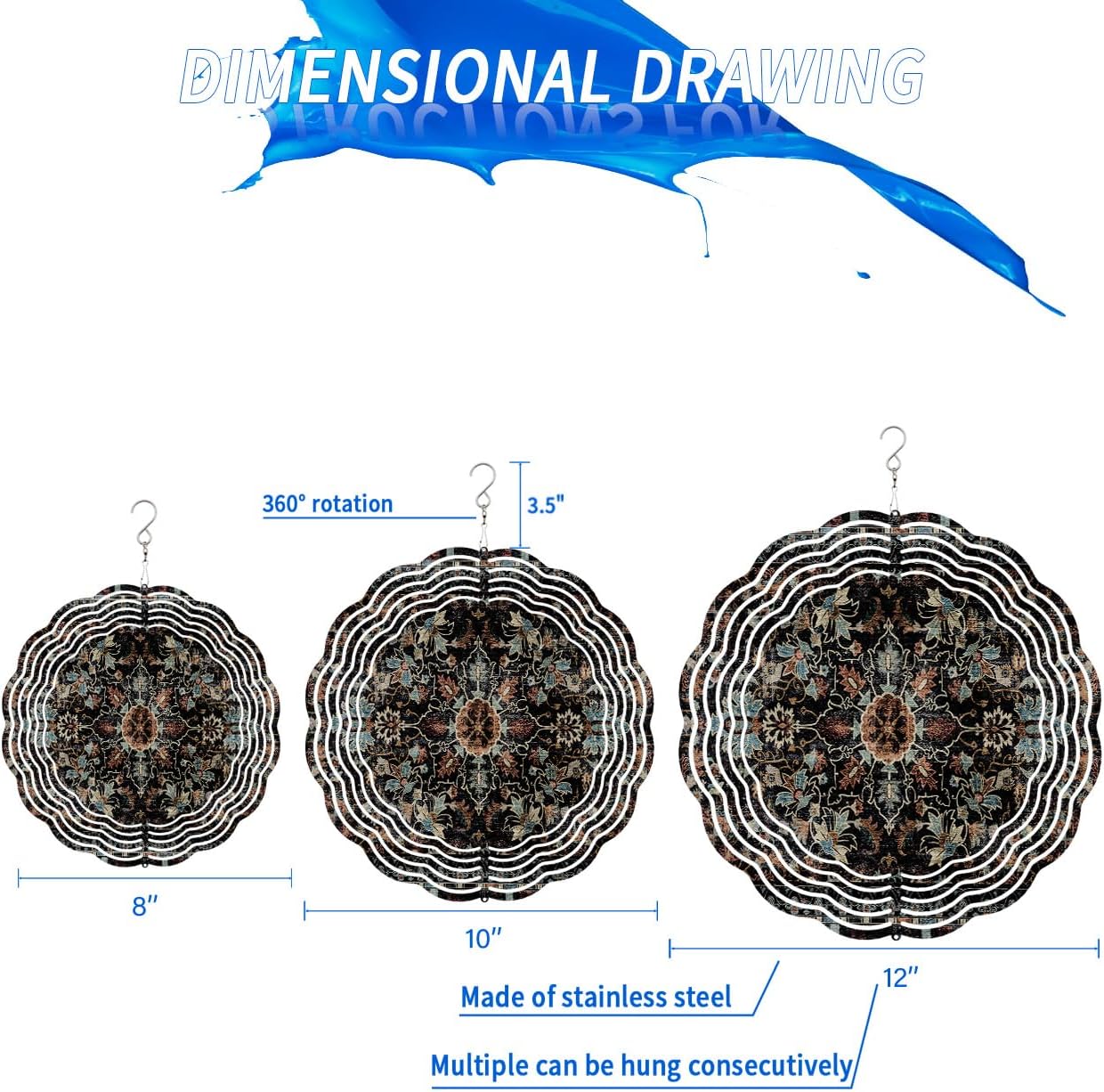 Black Blue Flower Wind Spinner 3D Stainless Steel, 12 Inch Double Sided Circle Hanging Wind Spinners, Vintage Bohemian Floral Painting Art Garden Art Wind Sculpture for Yard Porch Front Door