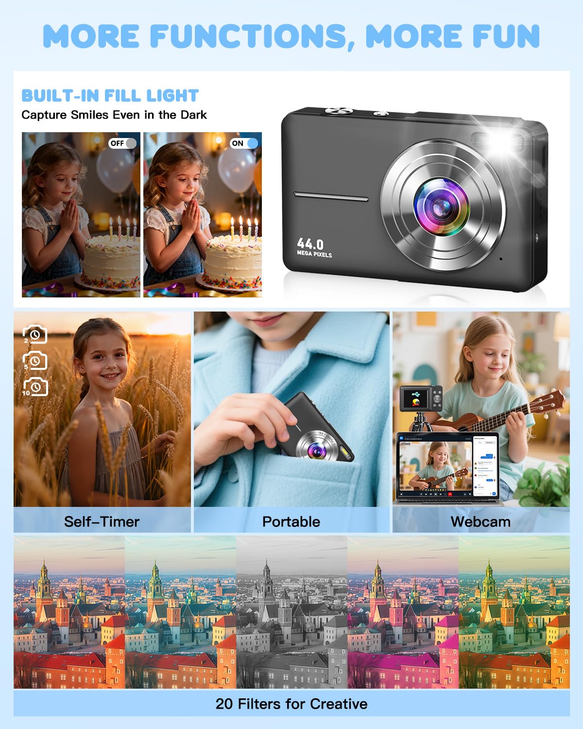 Digitalkamera 1080P 44MP Fotoapparat mit 2,4" LCD-Bildschirm 16-fachem Digitalzoom Bildstabilisierung Vlogging-Kamera für Kinder