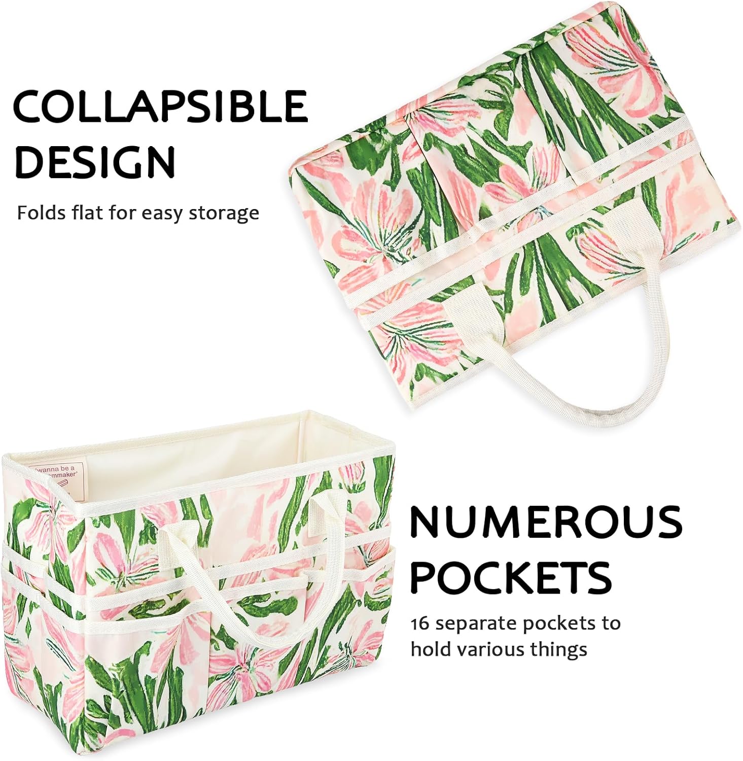 qianshan Craft Organizer Tote Bag with Multiple Pockets,Large Art Storage Caddy with Handles for Art,Craft,Journal,Sewing,Make-up,Scrapbooking,Medical and Office Supplies Storage.Green Pink Printing