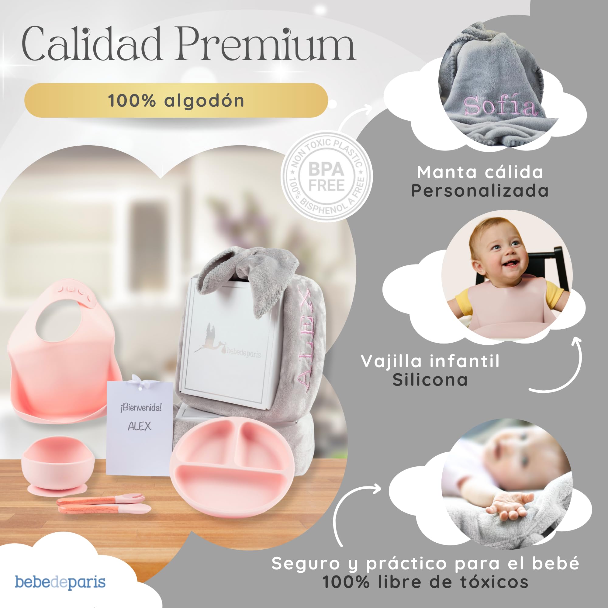 Bestickte Decke mit Namen und Geschirr aus Silikon, umweltfreundliches Geschenk für Babys, Geschenkset für Jungen und Mädchen (Geschirr + Decke, Rosa) | BebeDeParis