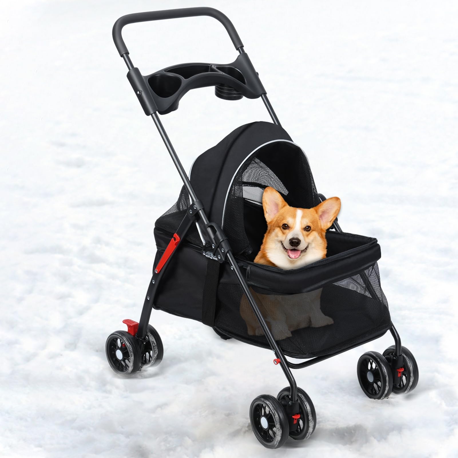 Pet Stroller for Dog and Cat, Outdoor Travel Dog Pram Folding Strollers, 4 Wheels Dogs/Cats Puppy Stroller with Canopy, Dual Brakes ＆ Visible Mesh, Portable Dogs Strollers for Small/Medium Pet
