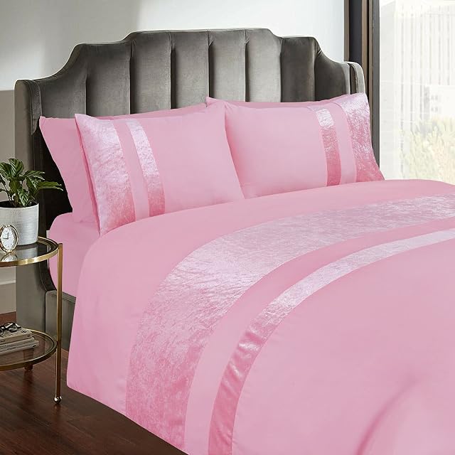 Casabella Luxury Crushed Velvet Panel Band Duvet Cover Sets with Pillow Case Double Duvet Cover Bedding Set  Pink Crush Velvet Double Duvet Cover Sets