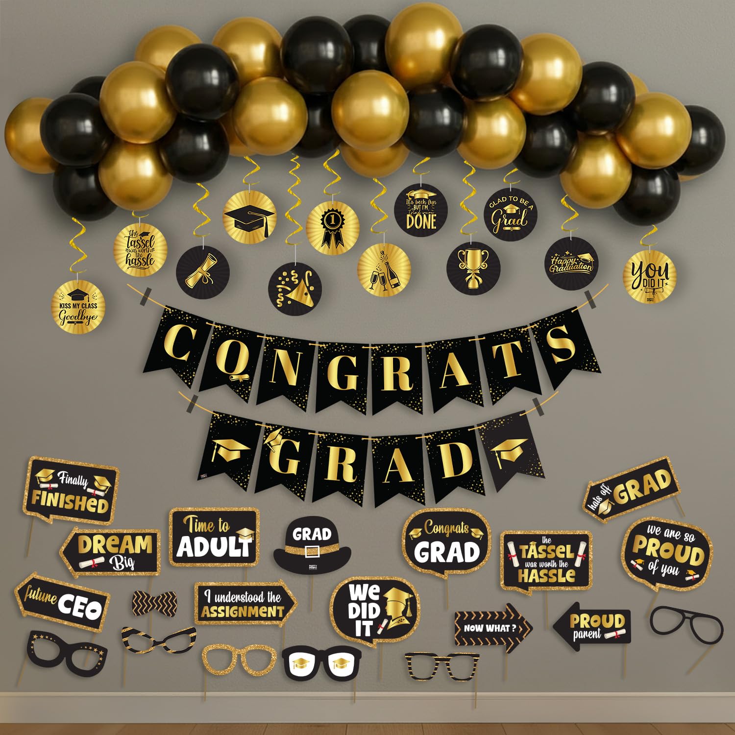 Party Propz Graduation Decoration Kit - 76 Pcs Black Gold Graduation Decoration With Balloons and Banner | College Decor Grad Items | School Gradu (Latex)-image-38