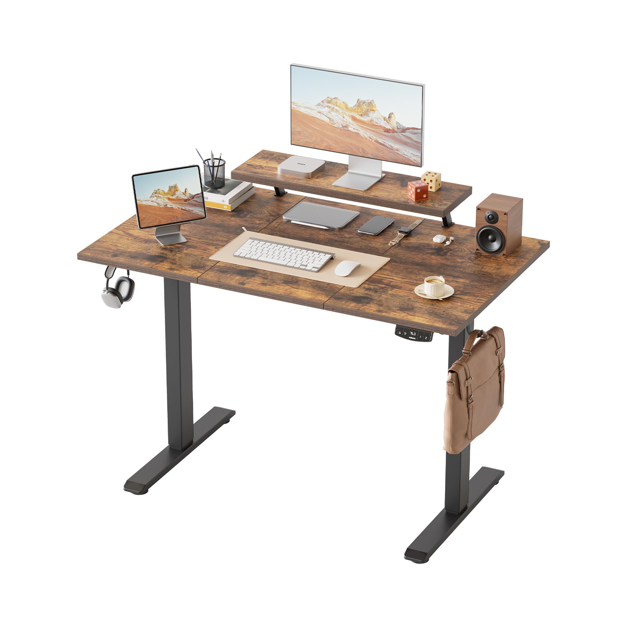 Klicelor Electric Height-Adjustable Desk with Movable Monitor Stand, 120 x 60 cm Sit-Stand Desk with 2 Memory Buttons and 3-Piece Table Top, Computer Desks, Brown