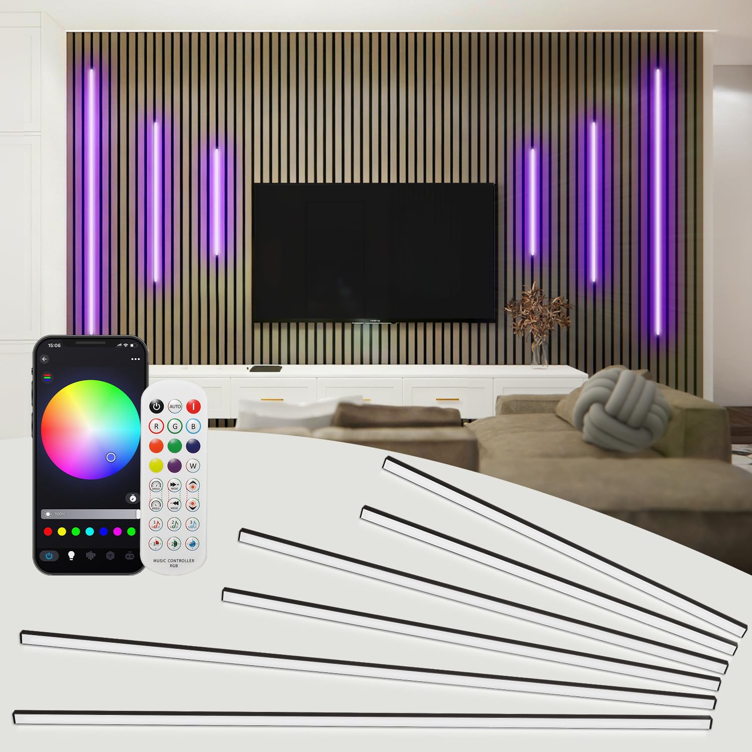 SHUNLEE 6 Pcs RGB Black Smart Acoustic Wall Panel Lights, WiFi Recessed Wall panel LED Lighting Strip Kit Compatible with Alexa / 2.4G Remote, Self-Adhesive for Shelf, Wood Slat (32*2+40*2+70*2 cm)