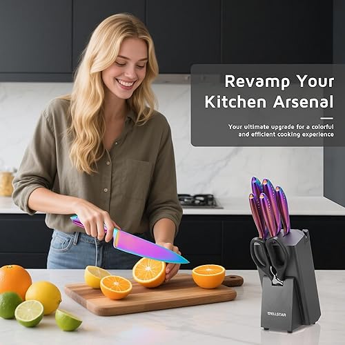 Miniatura 2 de WELLSTAR Juego de 8 cuchillos arcoíris de acero inoxidable alemán iridiscente con bloque de madera, revestimiento de titanio colorido, juego de